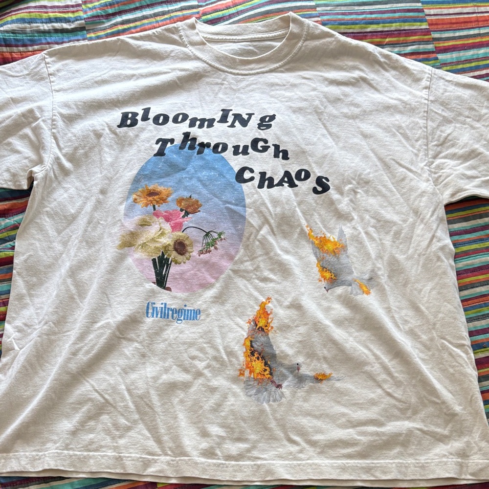 Civilregime Blooming Through Chaos Graphic Tee White with Floral Print 2XL Nwot